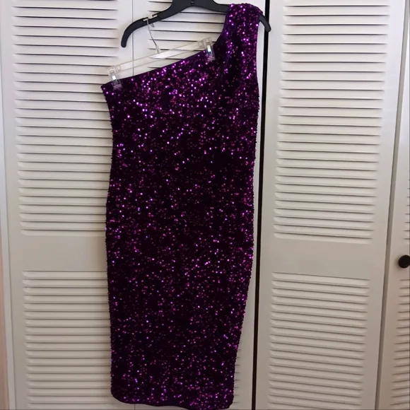 Purple Sequin One-Shoulder Dress, Size 16 - Picture 2 of 4